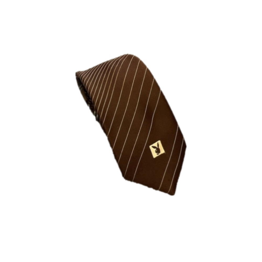 Vintage Playboy Bunny Logo Brown Striped Dress Neck Tie Y2K Suit Gift Party Work